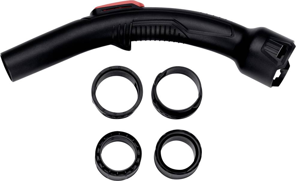 Tuyau en plastique noir avec un interrupteur rouge et quatre joints d'étanchéité arrondis, probablement pour un aspirateur.