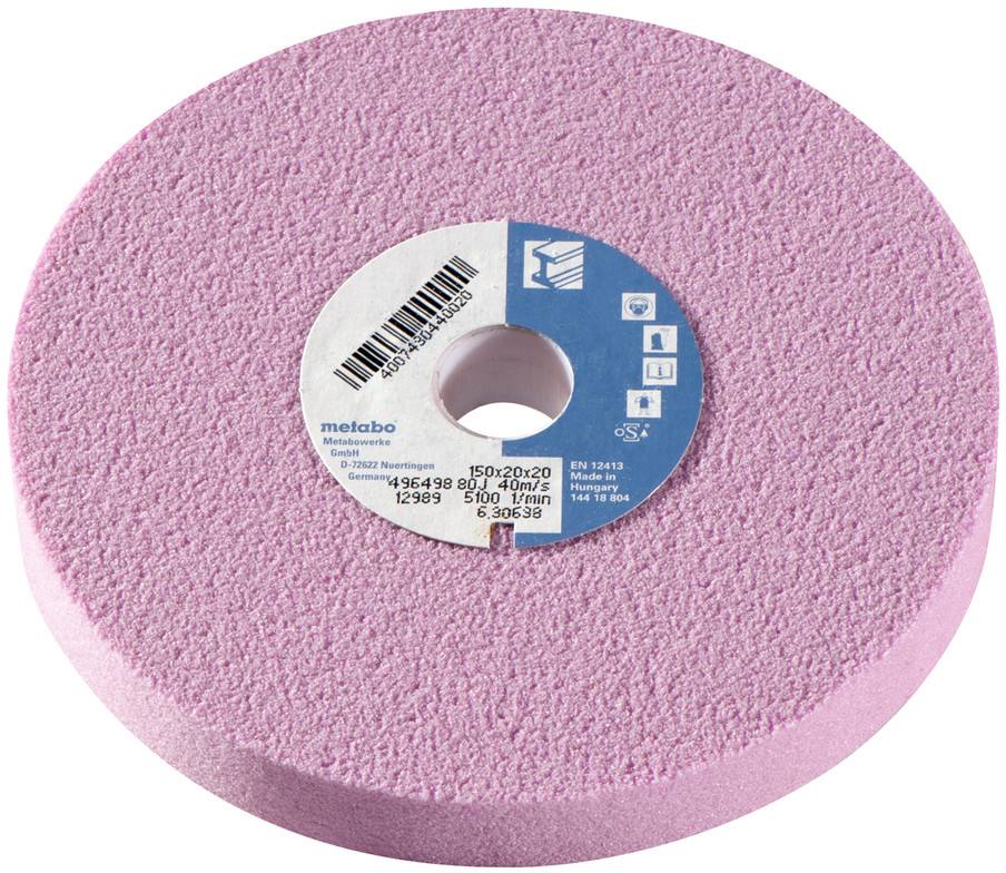 Une meule abrasive rose avec un centre bleu sur lequel sont inscrits des informations techniques et le nom de la marque. Utilisée pour l'usinage des métaux.