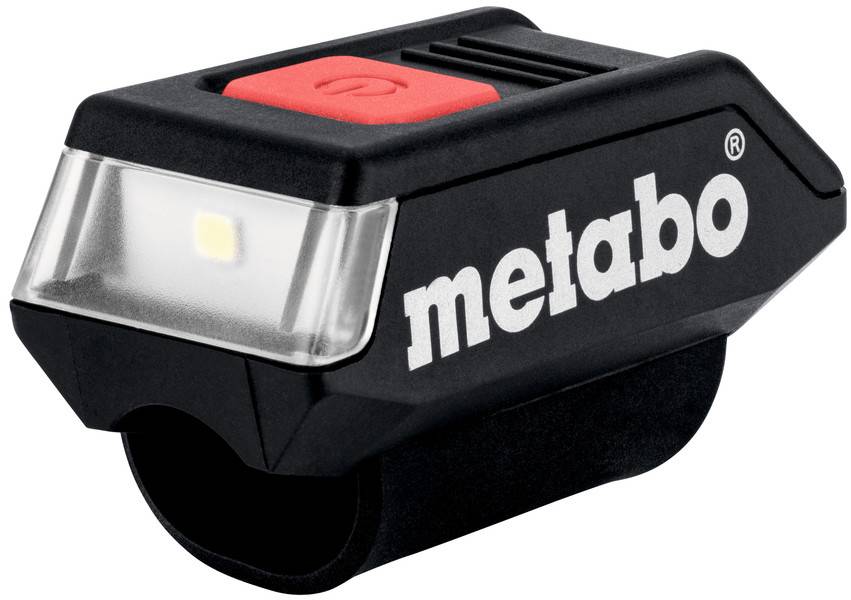 Lampe de travail LED Metabo noire avec clip, interrupteur rouge en haut et support élastique, présentée sur un fond blanc.
