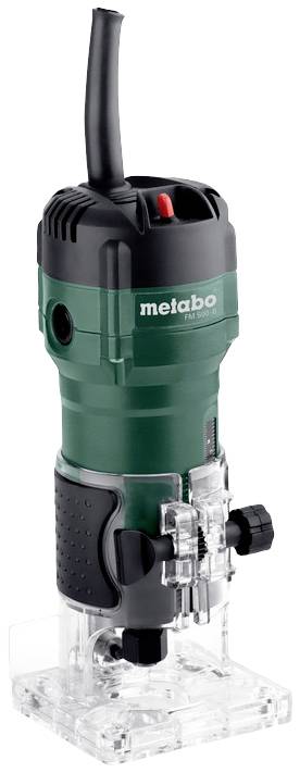 Défonceuse Metabo verte avec poignée noire ; idéale pour des travaux de fraisage précis sur bois, équipée d'un socle transparent.
