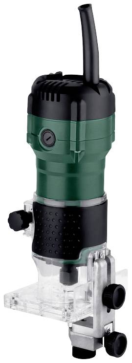 Défonceuse compacte verte et noire avec base transparente, adaptée pour le fraisage précis des chants et des surfaces dans les travaux sur bois.