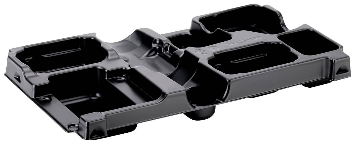 Palette en plastique noir avec différentes cavités destinées à accueillir des outils ou des accessoires dans une mallette à outils.