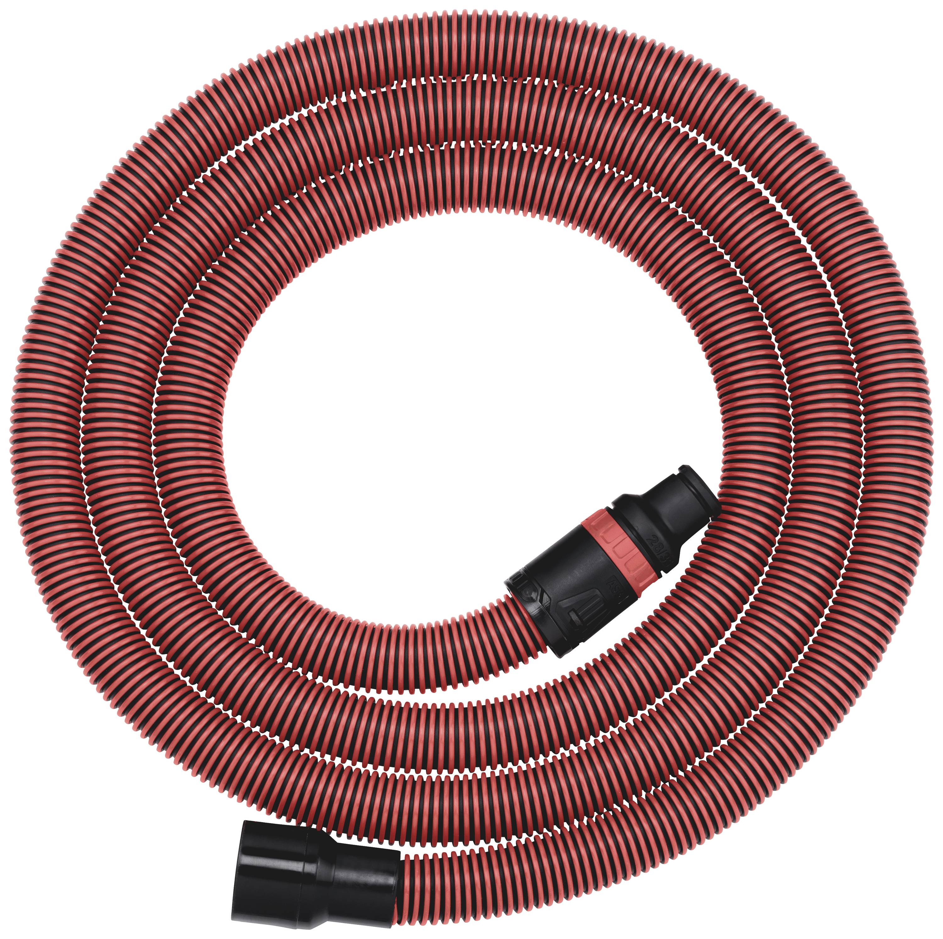 Un tuyau rouge en spirale avec des raccords noirs aux deux extrémités. Le tuyau est représenté enroulé.