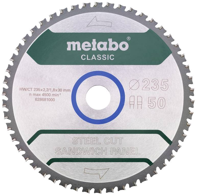 Lame de scie circulaire Metabo Classic pour coupe d'acier de panneaux sandwichs, diamètre 235 mm, 50 dents.