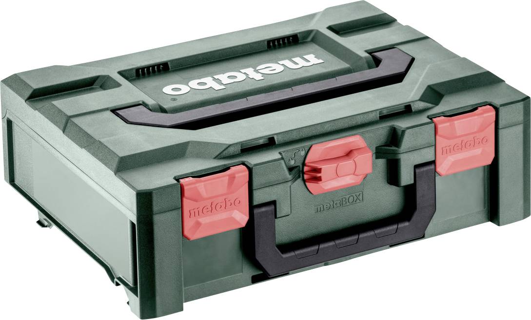 Étui de l'outil électrique Metabo vert avec poignée noire et trois loquets rouges sur un fond blanc.