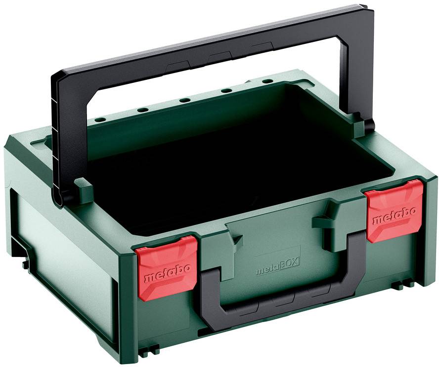 Boîte à outils en plastique vert ou organisateur avec une poignée de transport noire et des loquets rouges, montré ouvert et vide sur un fond blanc.