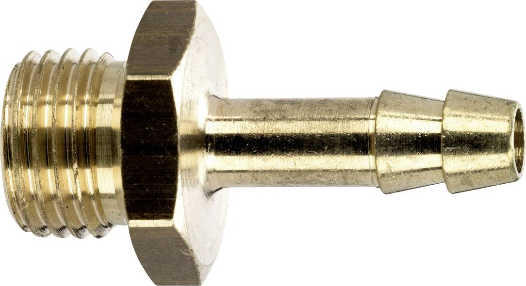 Raccord à barbe pour tuyau en laiton avec extrémité filetée mâle et tête hexagonale, présenté sur un fond blanc.