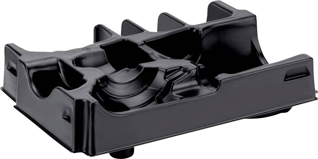 Plateau en plastique noir avec des compartiments moulés et un support circulaire central, probablement un organisateur d'emballage ou un insert pour outil.