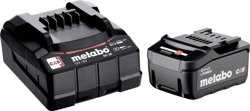 Chargeur de batterie et batterie lithium-ion de la marque Metabo côte à côte, tous deux en vert et noir.