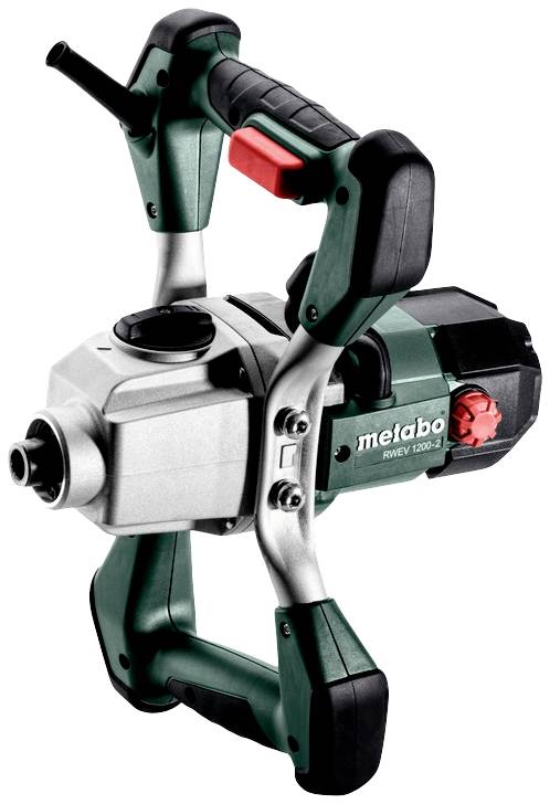Un mélangeur électrique portable de couleur verte, doté d'une poignée ergonomique et d'un interrupteur rouge, adapté au mélange de matériaux de construction.
