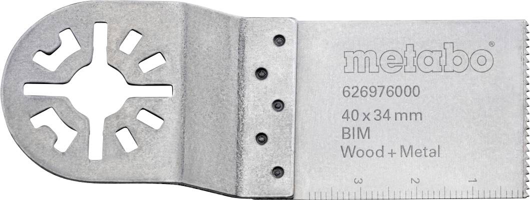 Lame de scie oscillante Metabo BIM pour bois et métaux, 40 x 34 mm, avec marquages de tranchant et échelle graduée.