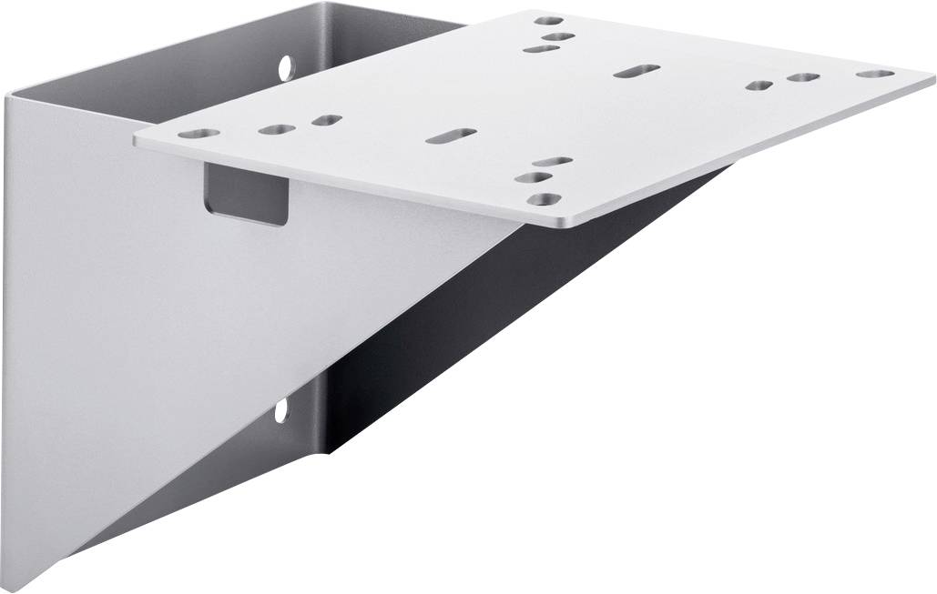 Équerre murale métallique avec un support triangulaire et une plaque de fixation plate, présentée sur un fond blanc.
