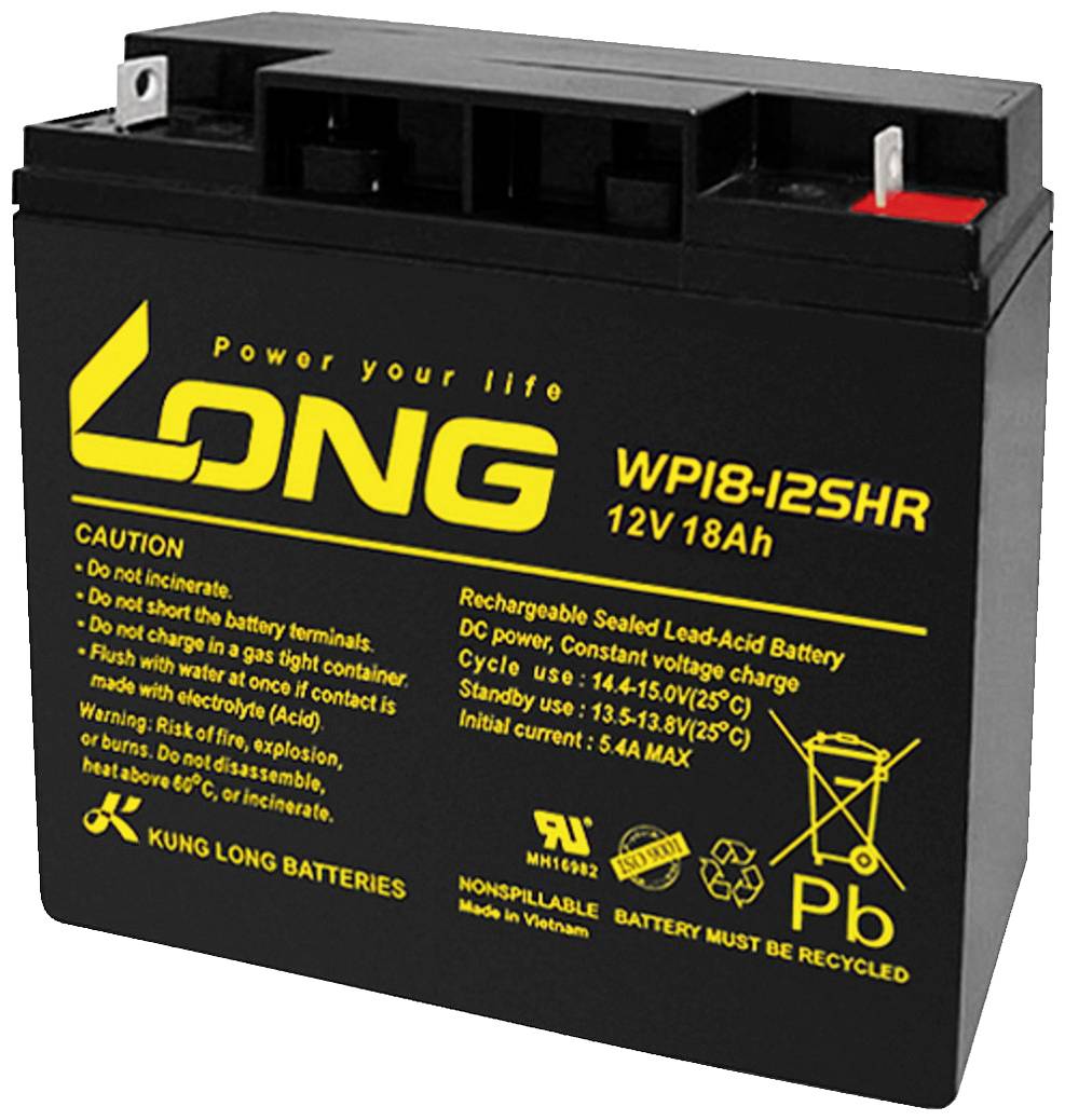 Batterie noire portant l'inscription jaune 'LONG WP18-12SHR 12V 18Ah'. Contient des avertissements et des détails techniques relatifs à l'utilisation et à la sécurité.