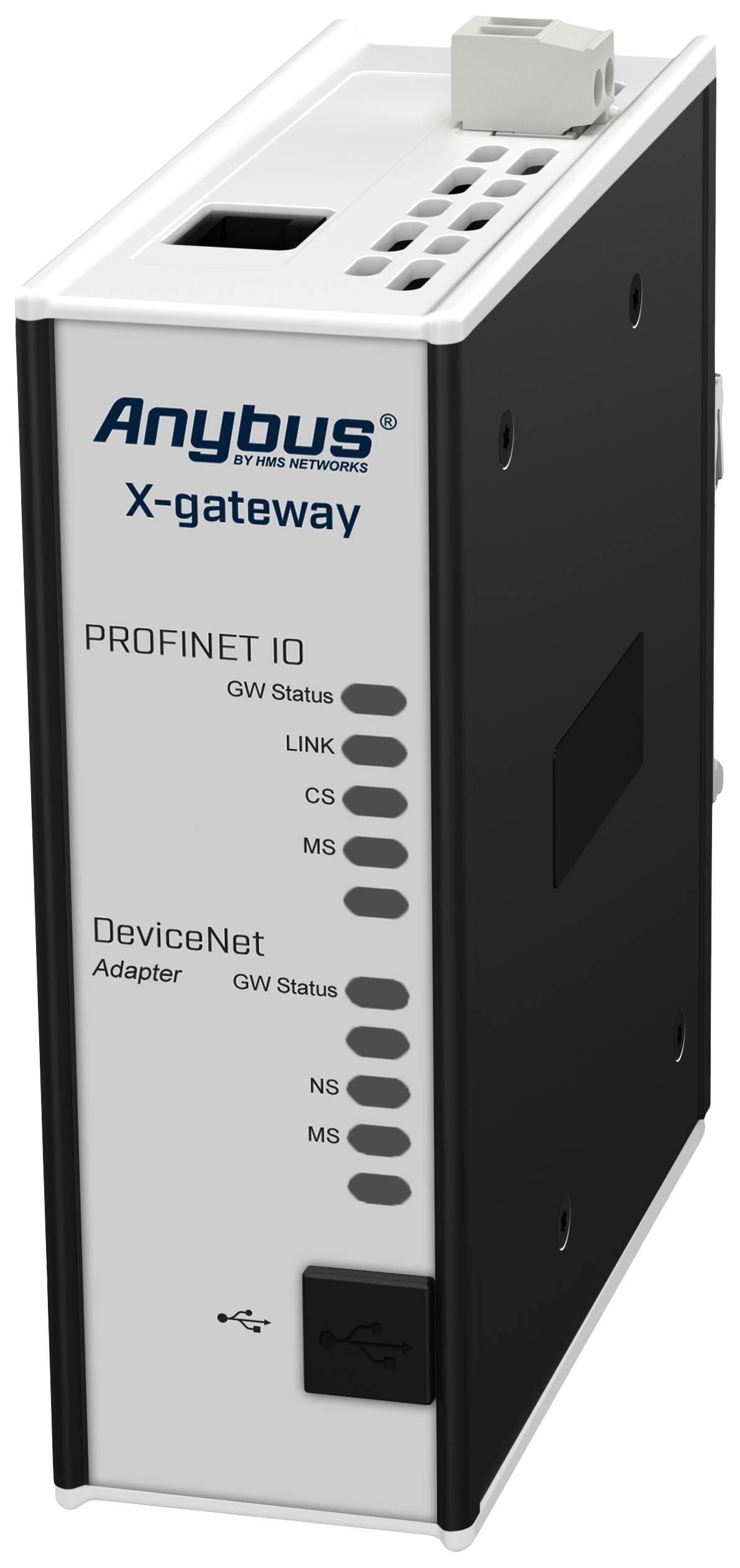 Une passerelle Anybus X-gateway pour la connexion des réseaux Profinet IO et DeviceNet, avec des voyants d'état pour GW, LINK, CS, MS, NS et MS.