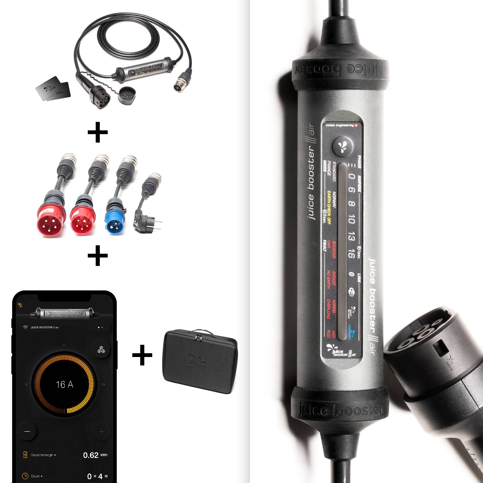 Un ensemble de chargeur mobile avec plusieurs fiches et câbles, destiné à être utilisé avec des véhicules électriques, affiche des informations de charge.
