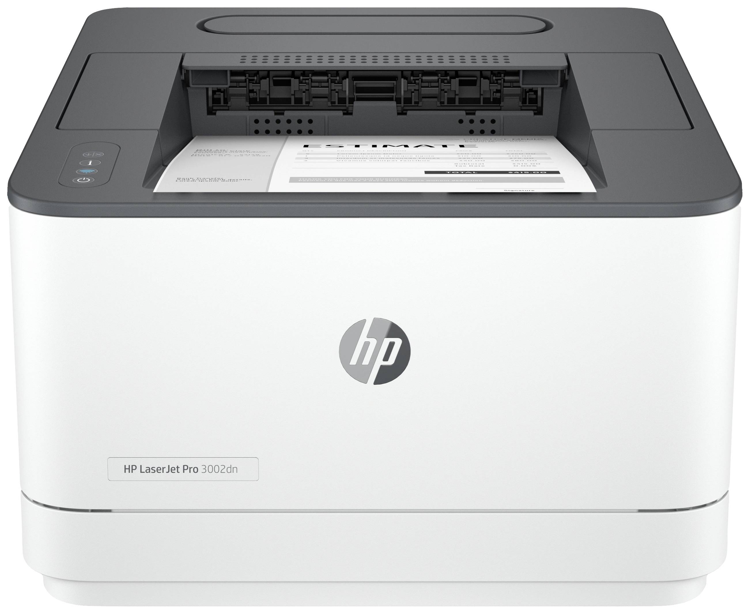 Une imprimante HP LaserJet Pro avec un boîtier gris imprime un document en noir et blanc. L'imprimante présente un design épuré et moderne.