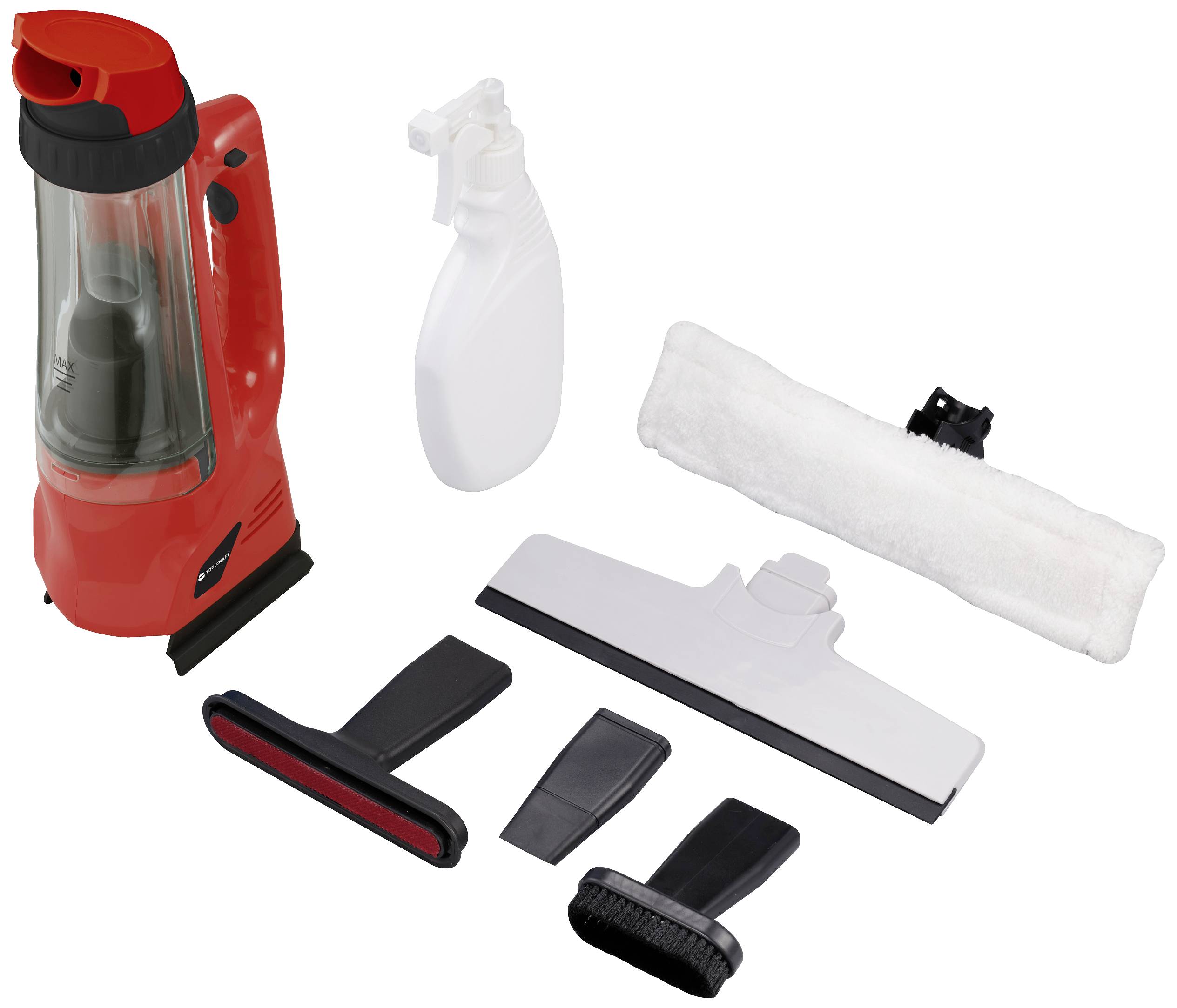 Un aspirateur portable rouge avec plusieurs buses et accessoires de nettoyage, un réservoir de pulvérisation et un rouleau de chiffon blanc.