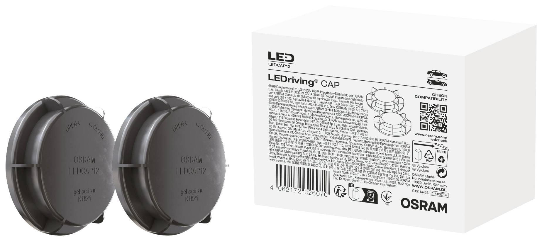 Deux capuchons ronds noirs de LED à côté d'un emballage blanc avec le logo de marque 'LED' et 'OSRAM'. Emballage avec texte et symboles.