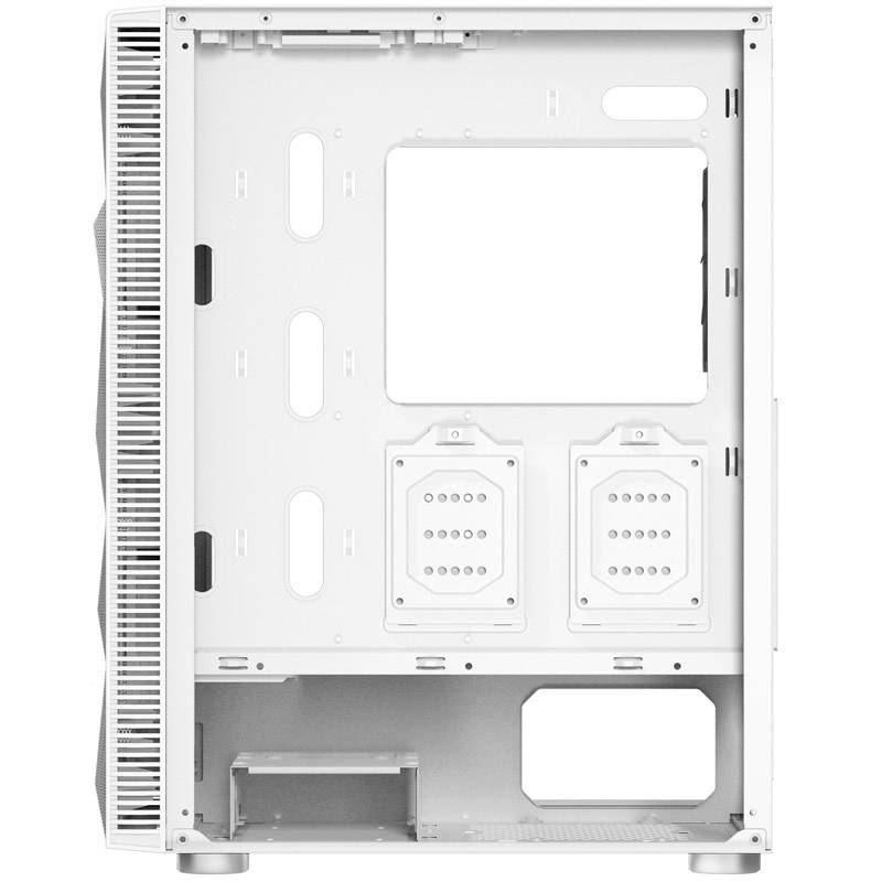 Un intérieur vide et blanc d'un boîtier d'ordinateur, avec des supports pour la carte mère et les lecteurs. Des fentes de ventilation sont présentes sur la gauche.