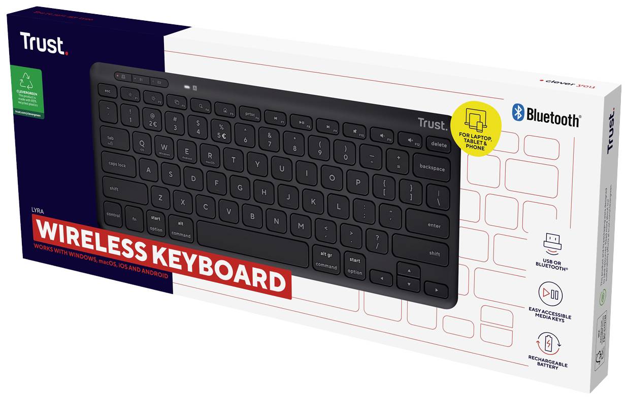 Trust Lyra Compact Bluetooth, radio Clavier allemand, QWERTZ noir rechargeable, Touches à frappe silencieuse, protégé contre les