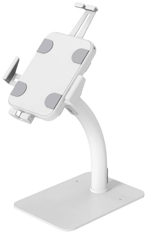 Un support de tablette blanc, réglable, doté d'un socle stable, adapté à différentes tailles de tablettes, présenté sous un angle latéral.