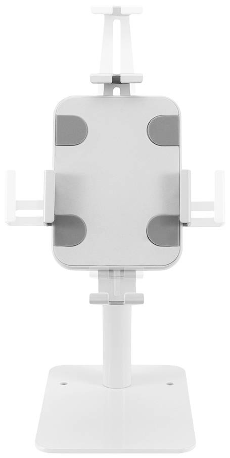 Un support de tablette blanc et ajustable avec des pinces de fixation sécurisées. Convient à différentes tailles de tablettes.