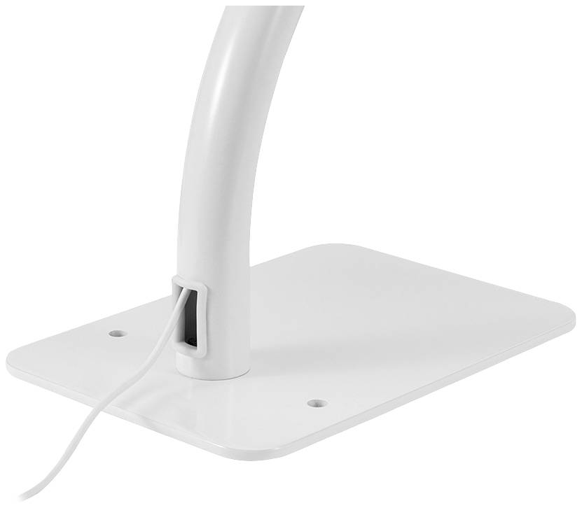 Une lampe de bureau blanche et incurvée avec un socle rectangulaire. Un câble sort de l'découpe du socle.