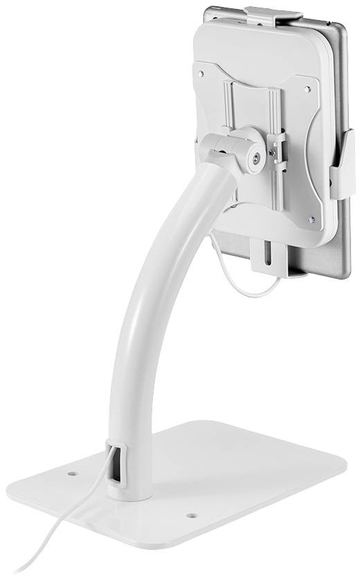 Support de tablette avec bras flexible et base stable, permettant un réglage facile et un maintien ferme de la tablette dans différentes positions.