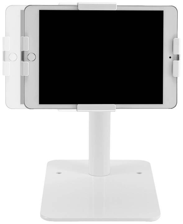 Un support blanc maintient une tablette en orientation portrait, avec une autre tablette montée à côté en orientation paysage.