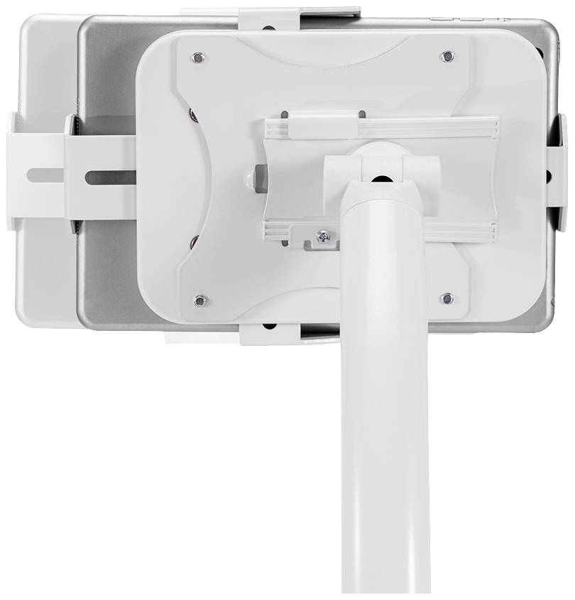 Le dos d'un support blanc, fixé à un montant vertical. Le support est prévu pour la fixation d'un appareil.