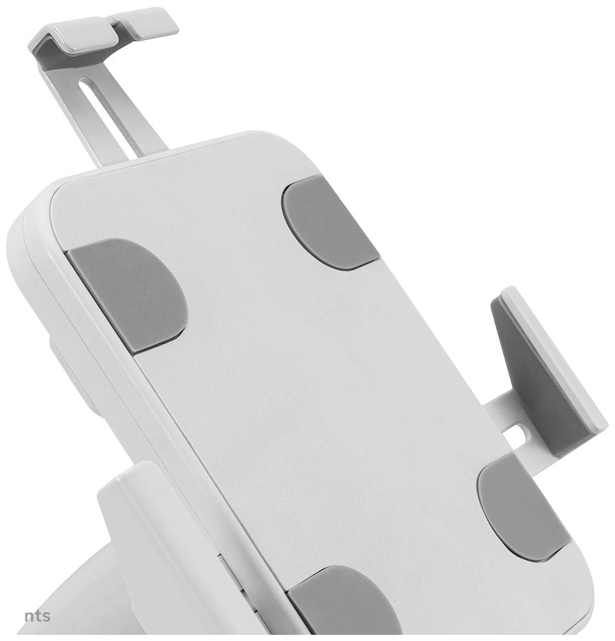 Un support blanc et gris avec un support réglable, adapté pour tenir une tablette ou un smartphone.