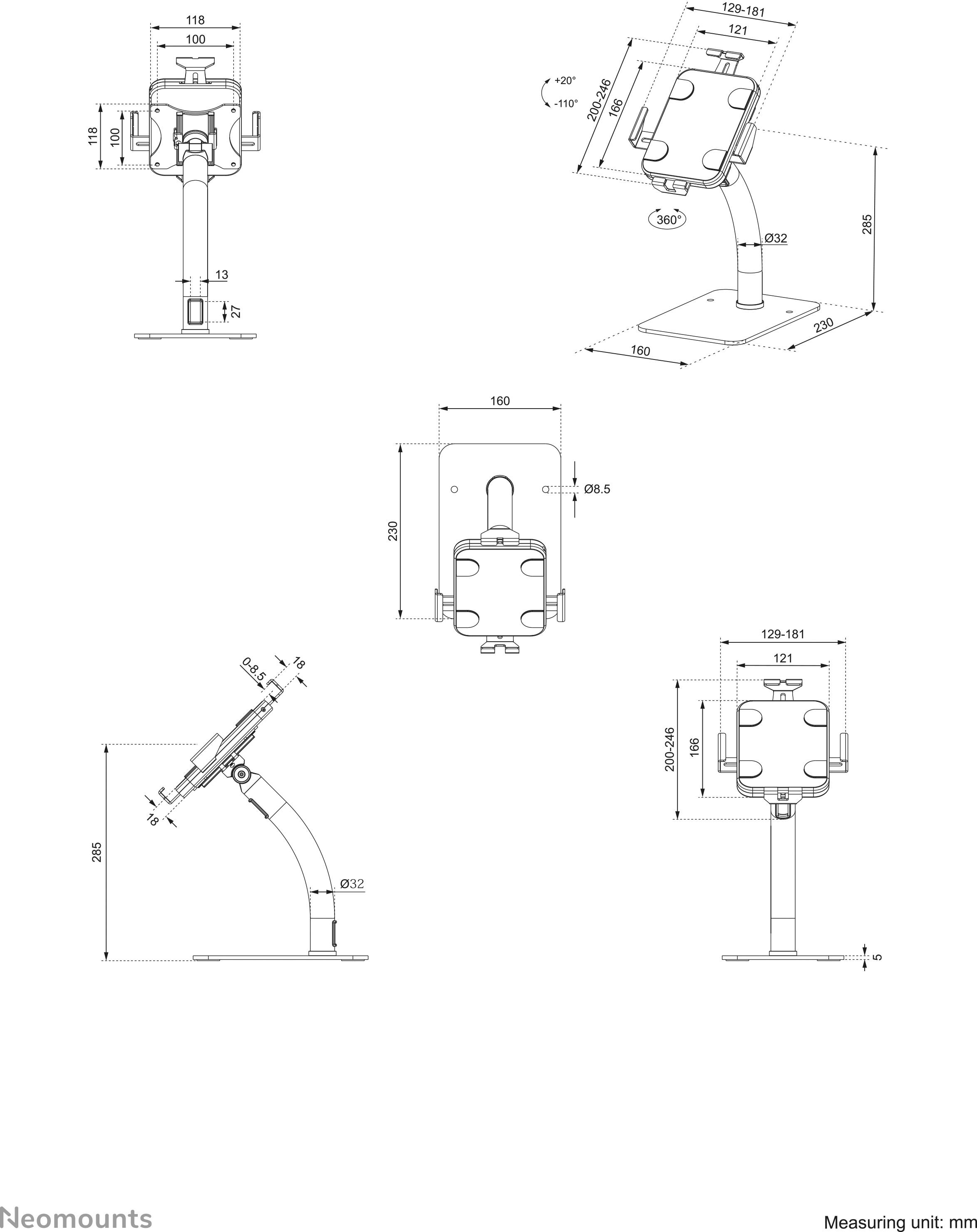 Dessin technique d'un support de moniteur dans plusieurs vues avec dimensions en millimètres.