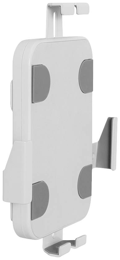 Un support de téléphone gris et blanc pour fixation sur une structure, doté de coussinets antidérapants et de crochets en haut et en bas pour une stabilisation optimale.