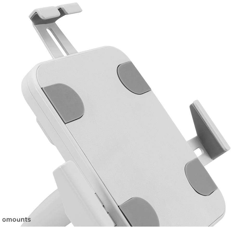 Support de tablette gris clair avec supports réglables et coussinets en caoutchouc antidérapants, adapté pour le positionnement sécurisé des appareils.