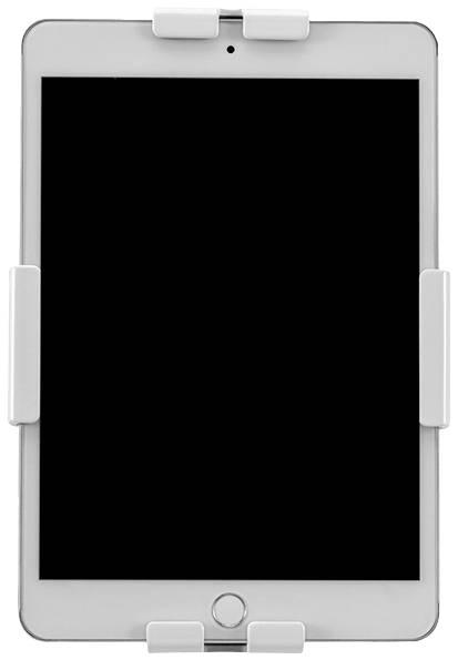 Une tablette argentée dans un support blanc, avec l'écran éteint, photographiée de face.