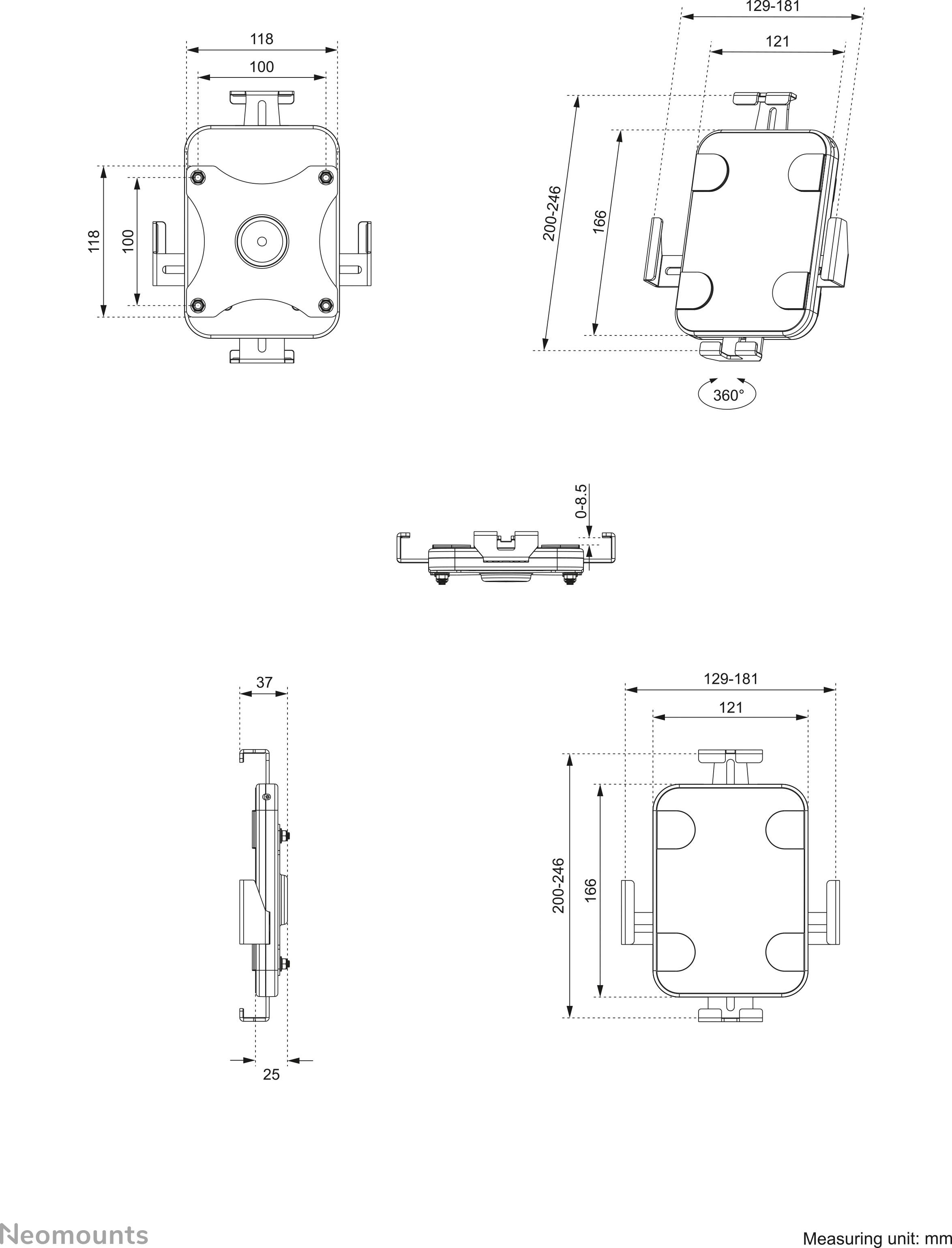 Dessin technique d'un support de moniteur avec vue de face, latérale et de dessus. Les dimensions et les plages réglables sont indiquées.