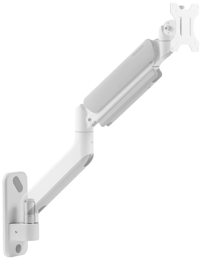 Bras de moniteur blanc réglable à plusieurs articulations, adapté pour une fixation murale. Idéal pour un positionnement ergonomique des écrans.