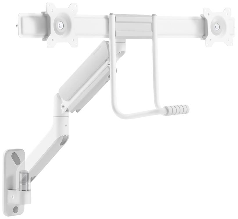 Bras de moniteur réglable en blanc, permettant un positionnement flexible de l'écran pour une meilleure ergonomie au poste de travail.
