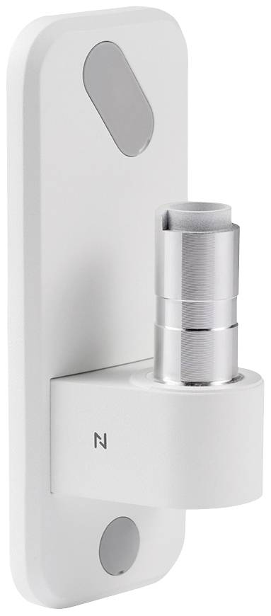 Cylindre de serrure de porte au design moderne avec une surface argentée scintillante, monté sur une plaque rectangulaire blanche.