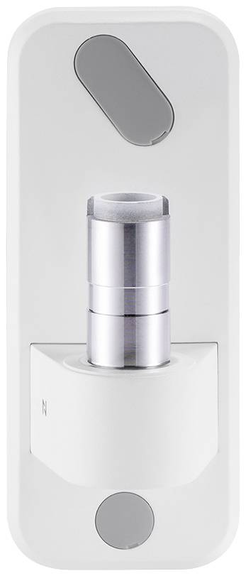 Serrure électronique blanche avec cylindre argenté et commandes tactiles en haut.