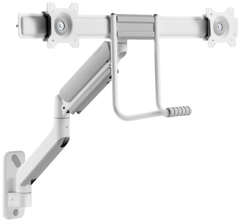 Bras de moniteur avec articulations et supports réglables, adapté à la fixation murale, permettant un positionnement flexible de l'écran.