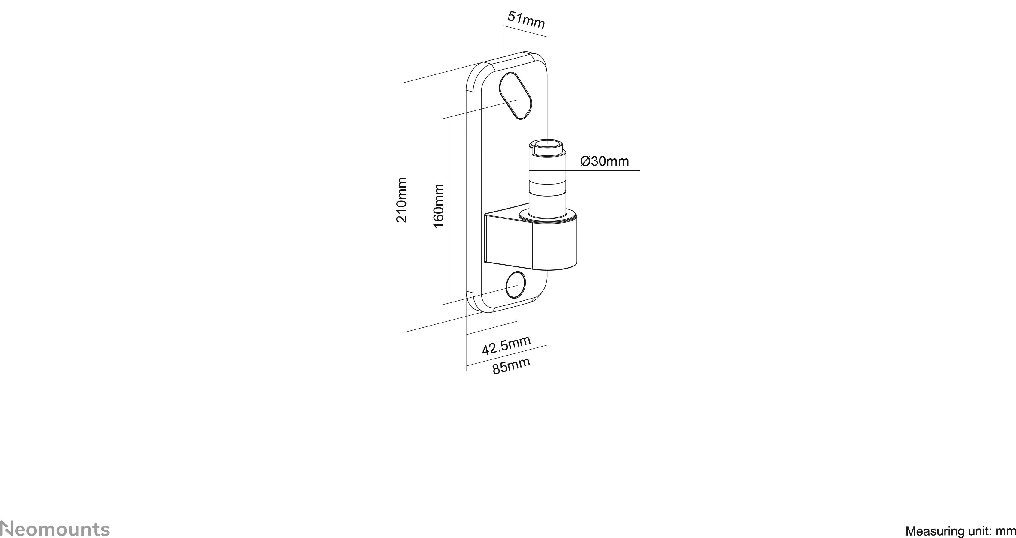 Dessin technique d'un support mural avec dimensions : hauteur 210 mm, largeur 51 mm, profondeur 95 mm. D'autres dimensions spécifiques sont marquées.