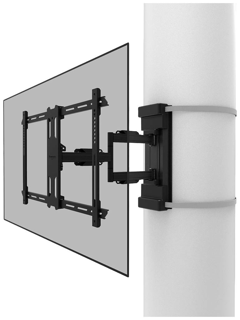 Un téléviseur à écran plat est fixé à une colonne cylindrique blanche, équipé d'un support mural noir et ajustable.