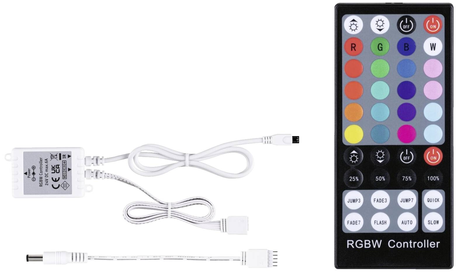 Contrôle d'éclairage RVBW avec télécommande. La télécommande présente des touches colorées permettant de sélectionner différentes couleurs de lumière et modes.