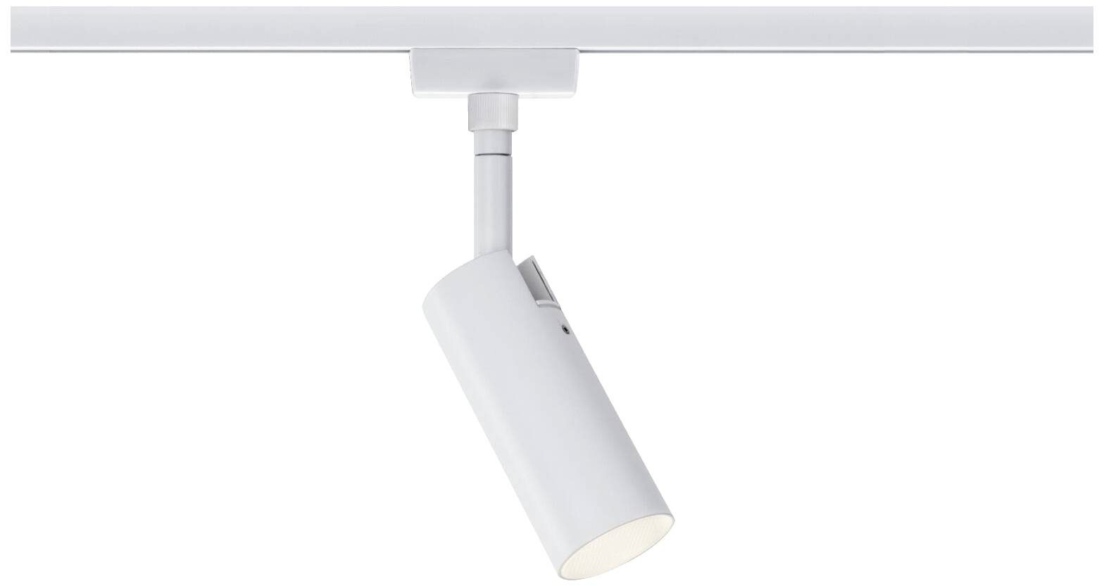Une lampe cylindrique blanche est montée sur un rail et orientée vers le bas afin de fournir un éclairage ciblé.