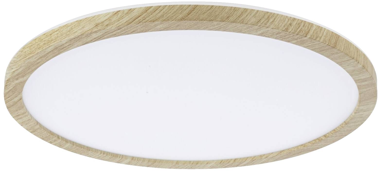 Plafonnier LED rond avec cadre en bois, adapté aux espaces de vie modernes.