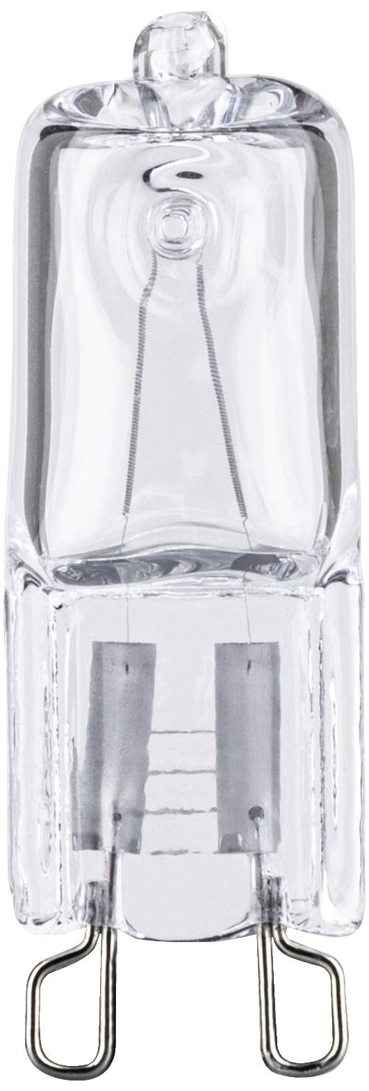 Petite lampe halogène transparente avec deux broches métalliques pour la connexion électrique, principalement utilisée dans les appareils électroménagers et les luminaires.