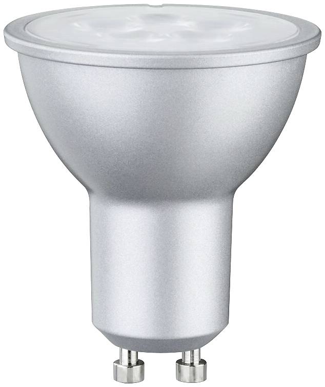 Spot LED avec douille GU10, boîtier argenté, adapté aux applications économes en énergie dans les espaces résidentiels et commerciaux.