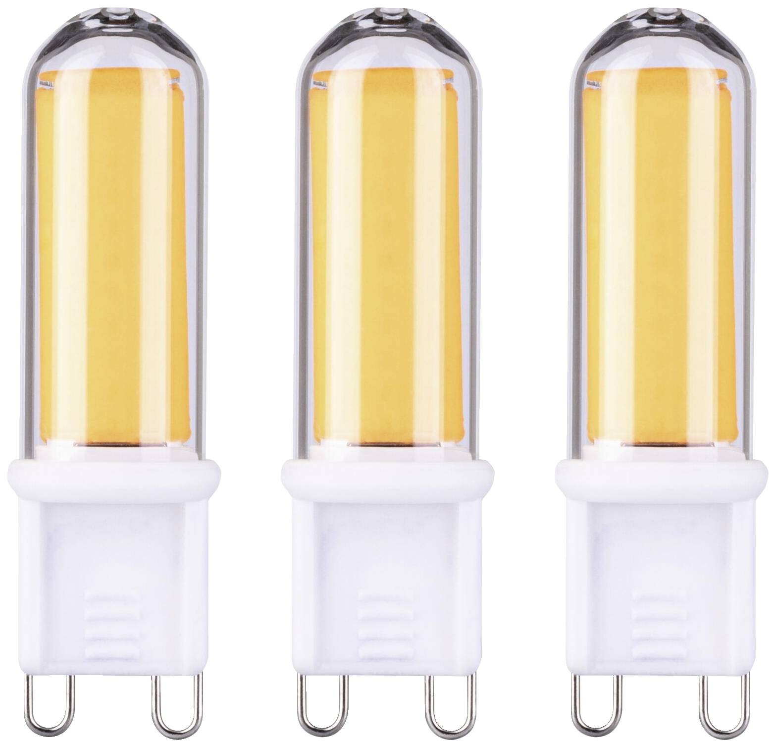 Trois ampoules LED cylindriques économes en énergie, montées sur des supports blancs, brillent d'une lueur jaune chaleureuse bien visible.