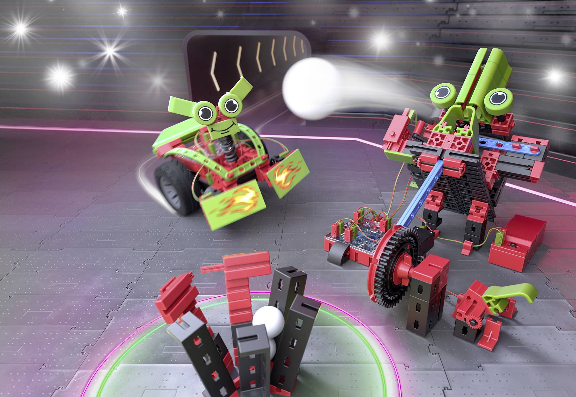 Deux jouets robotiques colorés s'affrontent dans un espace futuriste. L'un lance une balle en direction d'une tour de blocs.